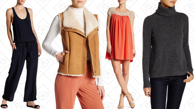 Jovon Jumpsuit, $85 | Brinley Genuine Lamb Wool Vest, $270 | Pajaro Silk Shift Dress, $120 | Lizetta Wool Blend Sweaters, $100